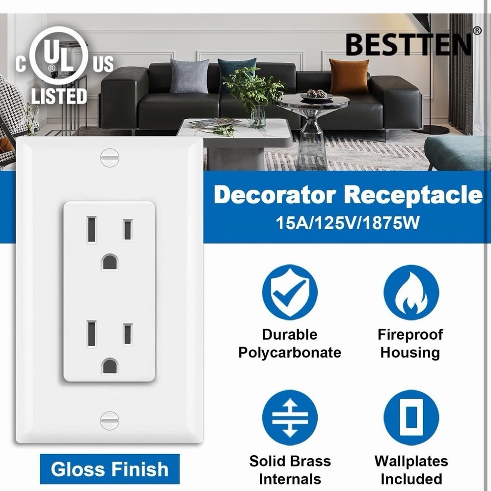BESTTEN 30 Pack 15 Amp Decorator Receptacle Outlet w/ Screwless Wall Plates - Picture 2 of 9